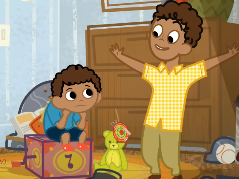 Damien, left, starts to clean his room with the help of his brother Travis, right, in a video from the Gospel For Kids YouTube channel called “Messy Room Meltdown.”