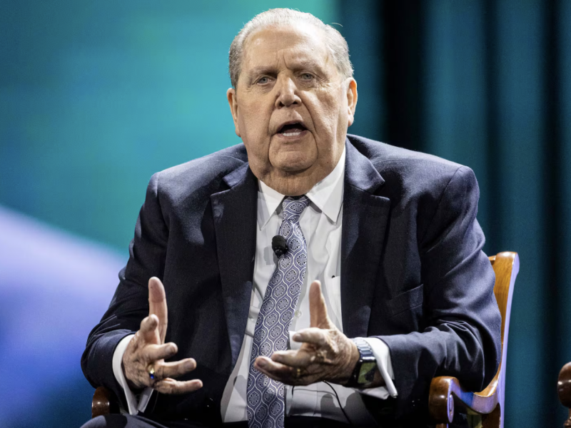 President Jeffrey R. Holland speaks during the final day of RootsTech 2025 held at the Salt Palace Convention Center in Salt Lake City, Utah, on Saturday, March 8, 2025.