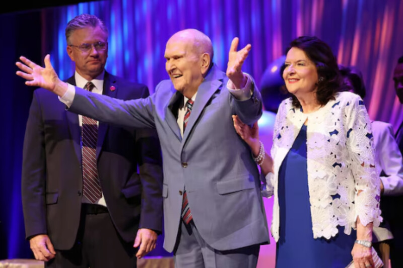 President Russell M. Nelson of The Church of Jesus Christ of Latter-day Saints gestures during his 100th birthday celebration at the Little Theatre of the Conference Center in Salt Lake City on Monday, September 9, 2024.