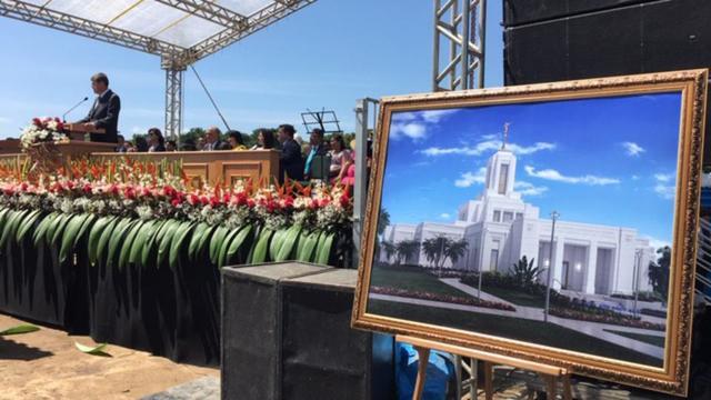 Elder Marcos A. Aidukaitis of the Seventy presides at the Belém Brazil Temple on Saturday, August 17, 2019. The temple rendering is displayed at the right.