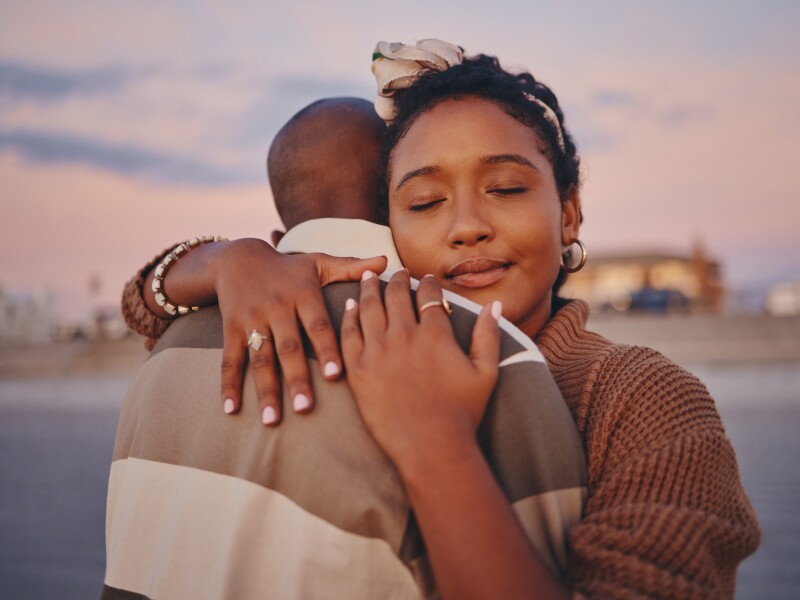 Love,,Peace,And,Calm,Black,Couple,Hug,While,Relax,On