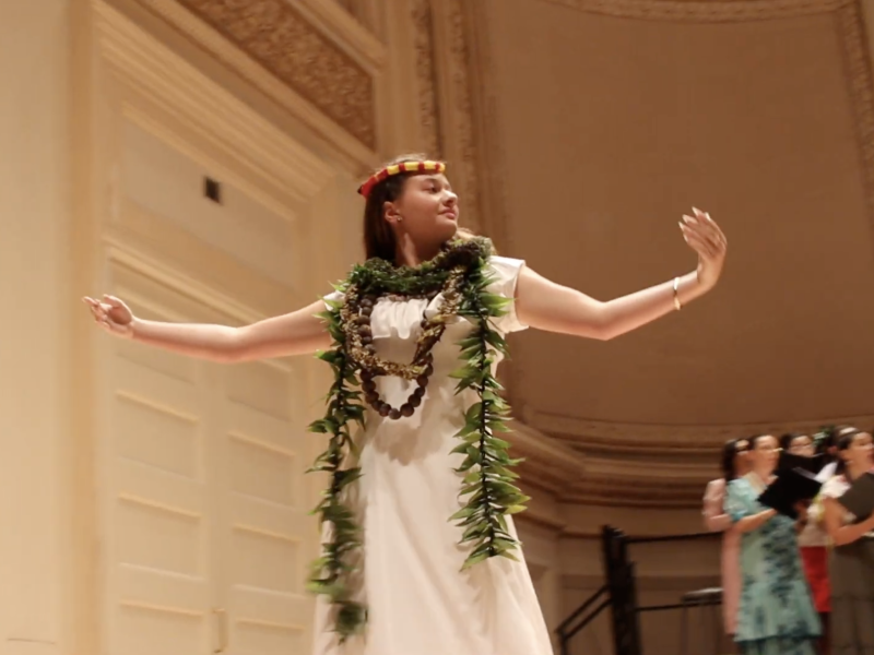 Moanahiwalani Walker dances hula with the Hoʻolōkahi Chamber Choir at Carnegie Hall