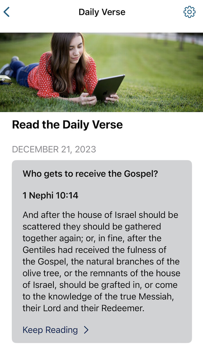 Screenshot from the Daily Verse section of the Book of Mormon app.