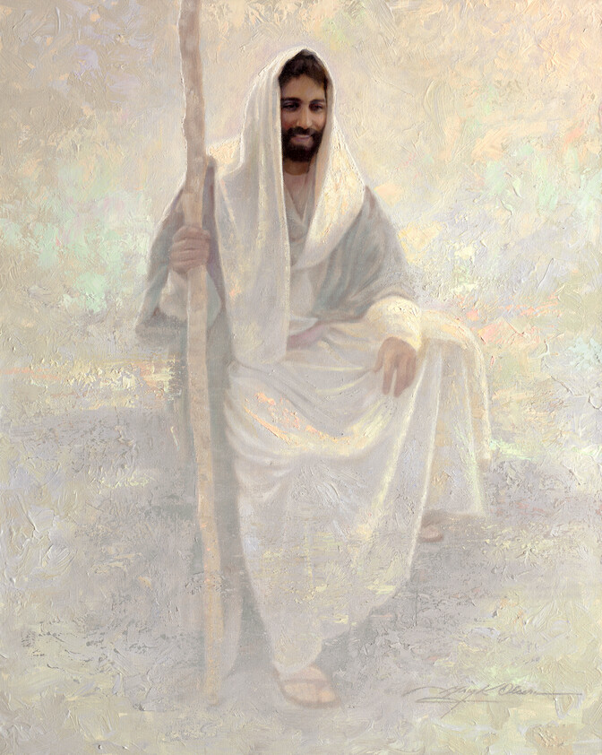 Una pintura de Jesucristo sonriendo y sosteniendo un bastón con fondo blanco.