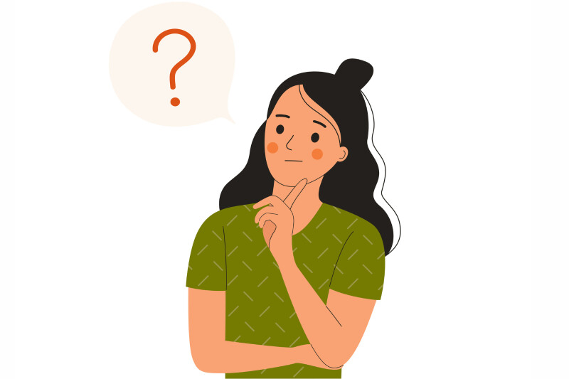 A graphic of a woman thinking next to a question-mark bubble