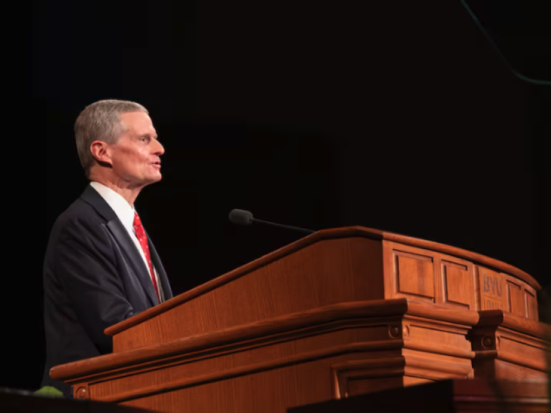 Elder David A. Bednar of the Quorum of the Twelve Apostles speaks during a worldwide devotional for young adults held at Brigham Young University–Idaho on Sunday, November 3, 2024.