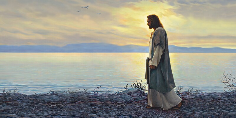 A painting of Christ walking near a shoreline.