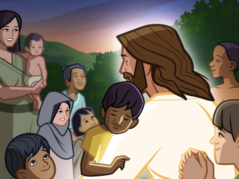Jesus Christ blesses little children in this image from 3 Nephi in the illustrated “Book of Mormon Stories.”