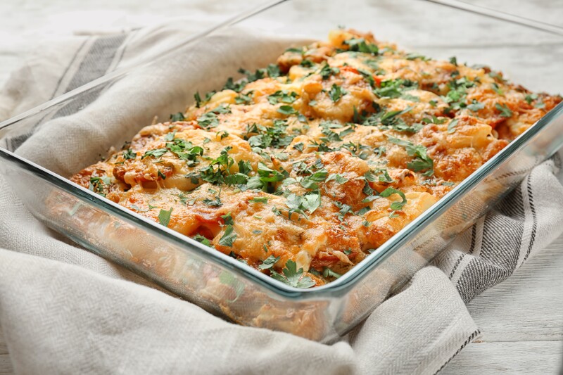 Delicious,Sausage,Casserole,In,Baking,Dish,On,Table