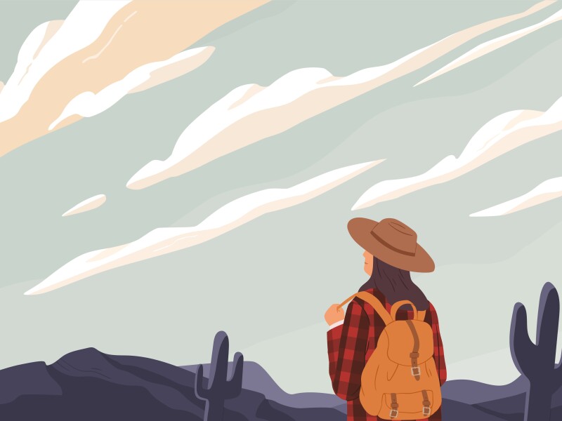 Woman with backpack looking into distance, enjoying serene desert landscape and sky with clouds. Relaxed tourist alone with nature. Colored flat vector illustration isolated on white background