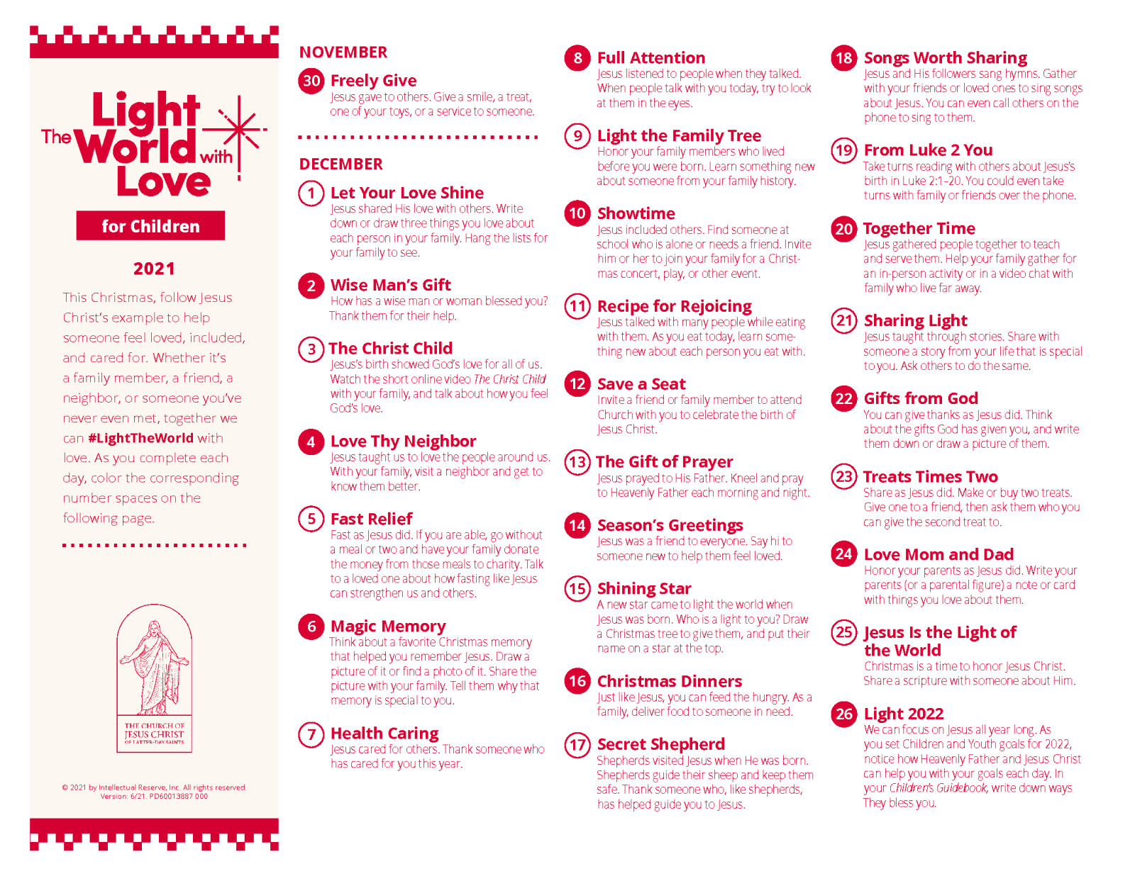Here are the 2021 Light the World daily service calendars, including a Light The World Calendar 2025