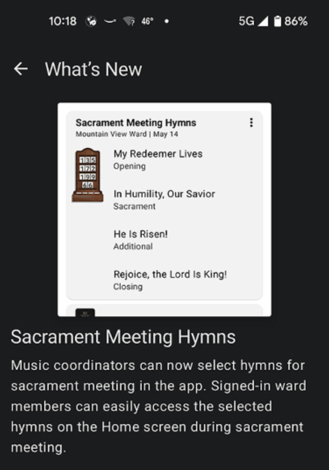 This screenshot shows the description of a new feature in version 6.5 of the Gospel Library app that allows hymns to be selected and displayed for logged-in users.