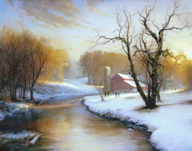 A painting of a snowy farm in Idaho.