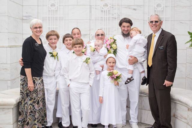 The Hochstetler family being sealed together in a temple of The Church of Jesus Christ of Latter-day Saints.