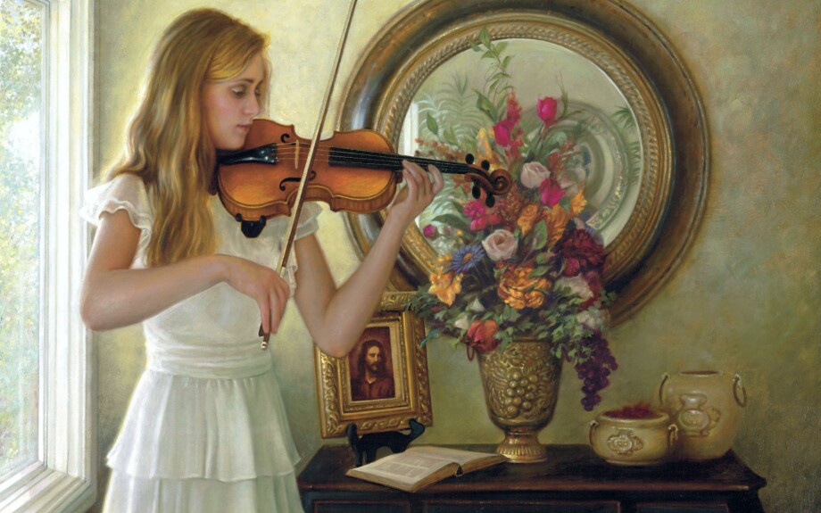 A painting of a young girl playing the violin.
