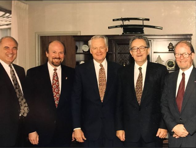 Erlend Peterson on the day he was knighted. From left to right: Erlend Peterson; Utah Honorary Consul for Norway, Leif Andersen; BYU President Merrill Bateman; Norwegian Ambassador Tom Vraalsen; Norwegian Consul General Hans Ola Urstad.