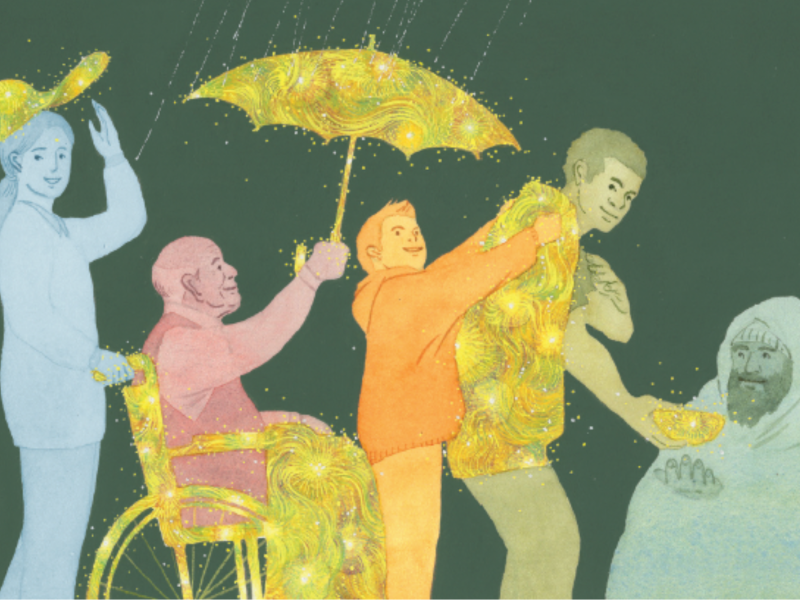 A group of people of all ages passes on good deeds.