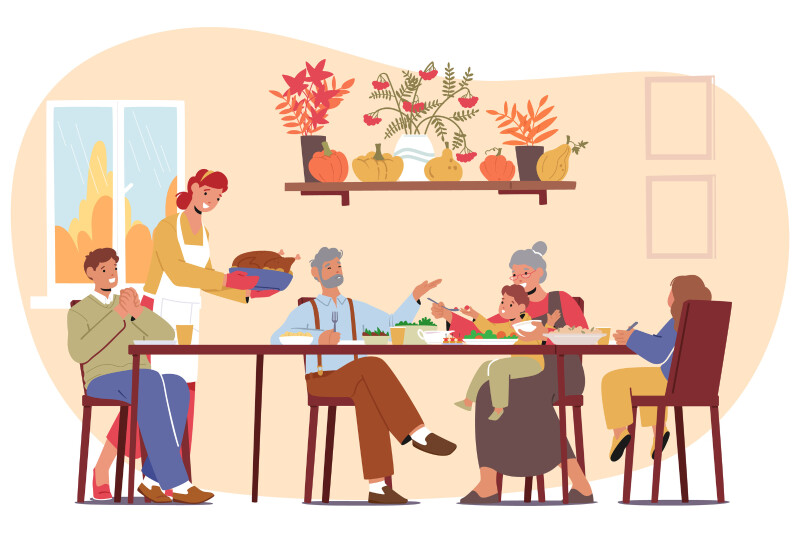 An illustration of a father, mother, grandfather, grandmother, and two children enjoying a Thanksgiving meal at the table.