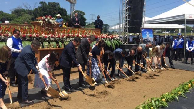 Elder Marcos A. Aidukaitis, president of the Brazil Area for the Church, gathers with local Church and community leaders to signal the beginning of construction for the Belém Brazil Temple on Saturday, August 17, 2019