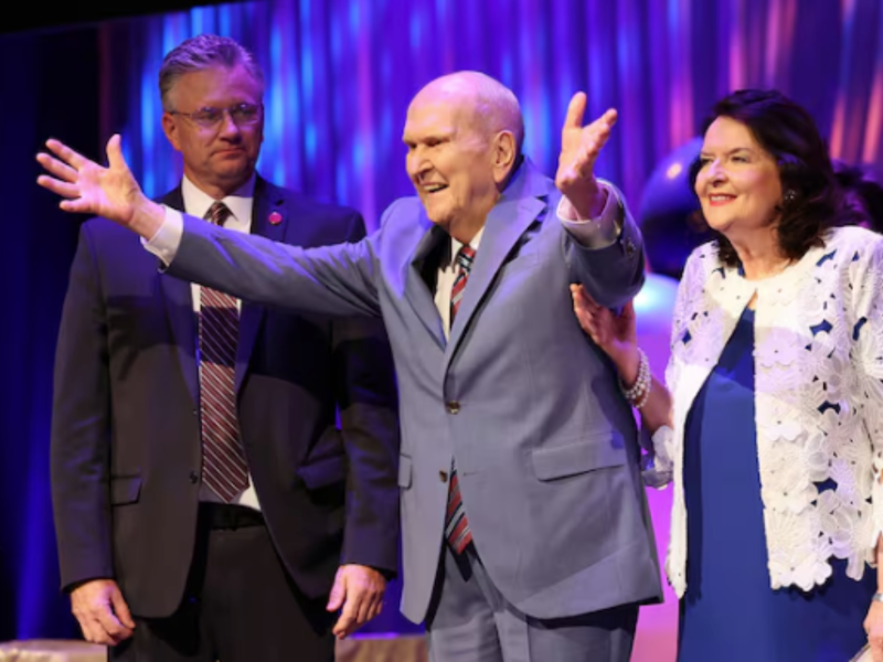 President Russell M. Nelson of The Church of Jesus Christ of Latter-day Saints gestures during his 100th birthday celebration at the Little Theatre of the Conference Center in Salt Lake City on Monday, September 9, 2024.