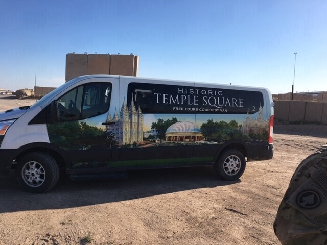 A Temple Square tour van on the Al-Taqaddum Air Base. Image courtesy of Capt. Mark Kattelman.
