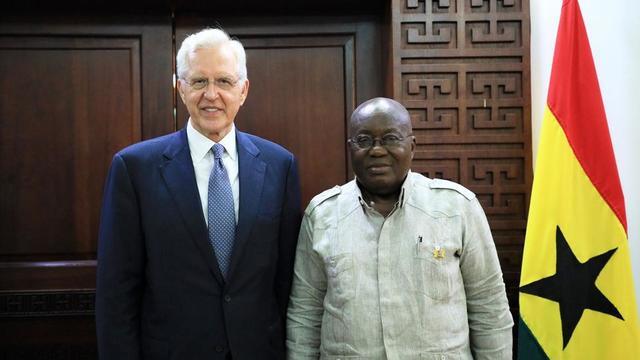 Elder D. Todd Christofferson of the Quorum of the Twelve Apostles with H. E. Nana Addo Dankwa Akufo-Addo, president of the Republic of Ghana.