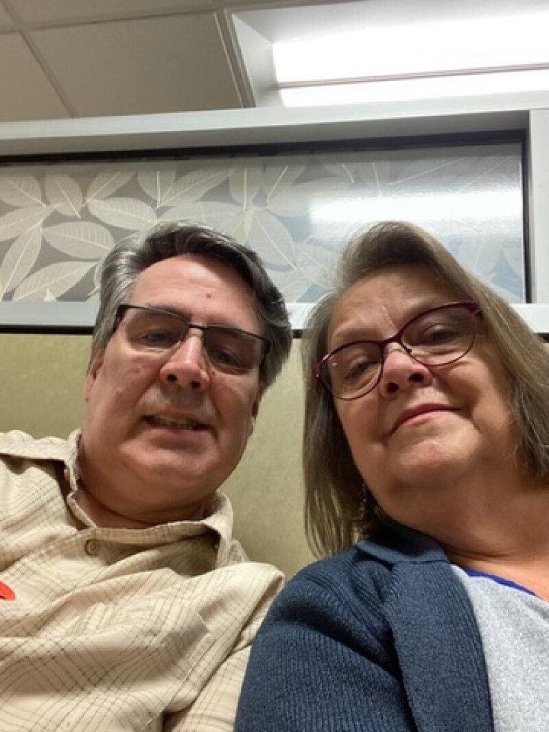 Sue with her husband before dropping him off for surgery, she wasn't allowed to see him while he was hospitalized.