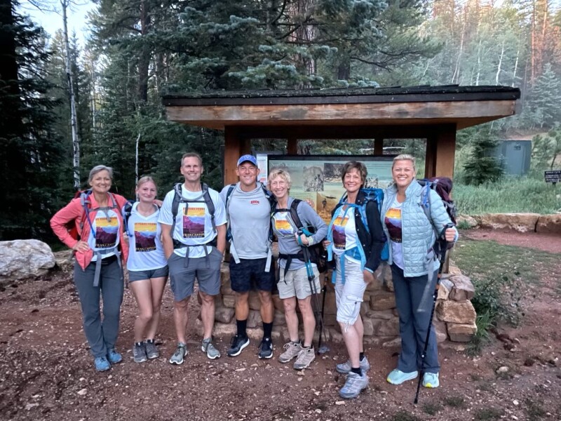 At the start of the hike from left to right; daughter Brenda Sibley, granddaughter Brooklyn Sibley, son-in-law Travis Sibley, great nephew Brett Usinger, niece Laurie Usinger, Fran, and daughter Lynnette.