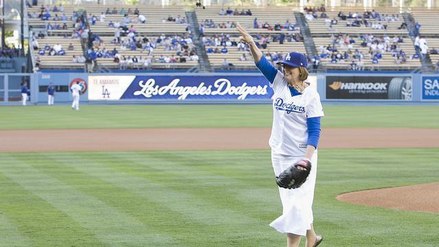 Russell Throws First Pitch at Dodger Stadium