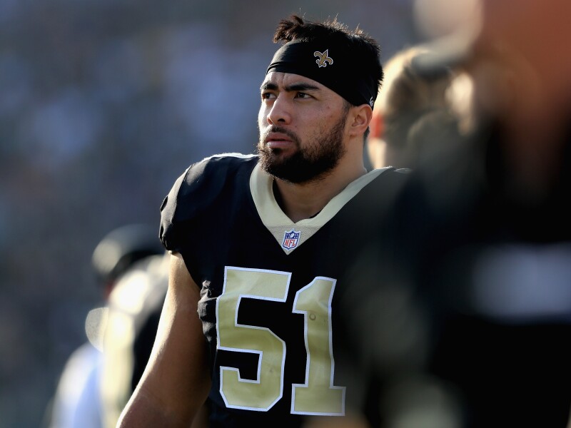LOS ANGELES, CA - NOVEMBER 26:   Manti Te'o #51 of the New Orleans Saints looks on from the sideline during the second half of a game against the Los Angeles Rams at Los Angeles Memorial Coliseum on November 26, 2017 in Los Angeles, California.  (Photo by Sean M. Haffey/Getty Images)
