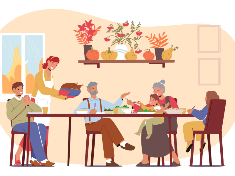 An illustration of a father, mother, grandfather, grandmother, and two children enjoying a Thanksgiving meal at the table.