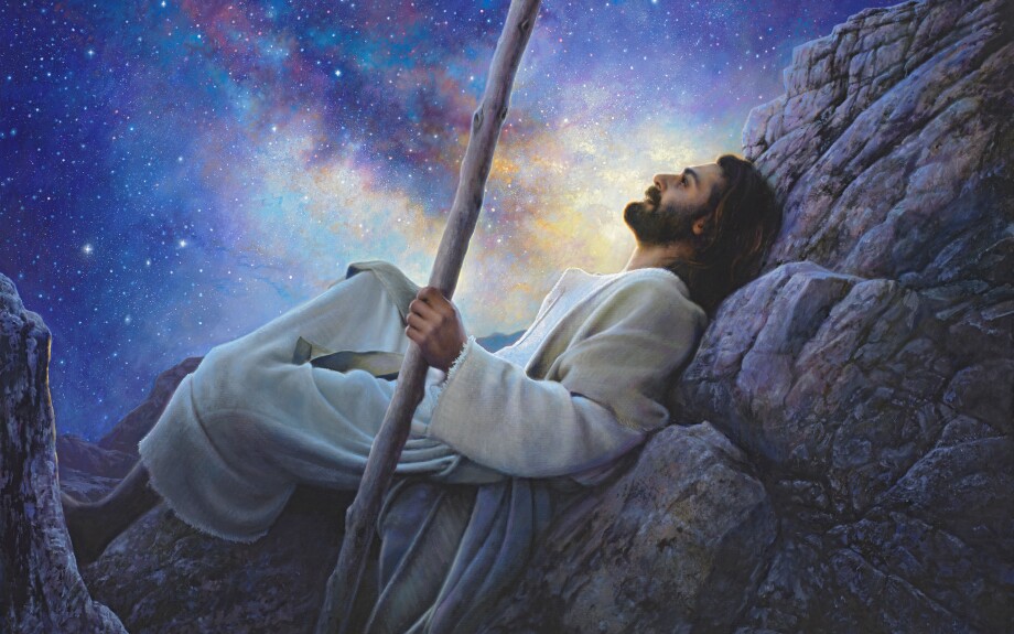 A painting of Jesus Christ leaning against a rock and looking up at the night sky.