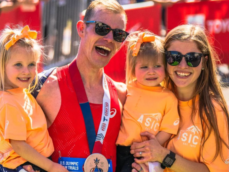 Clayton and Ashley Young with their daughters at the 2024 US Olympic Marathon Trials