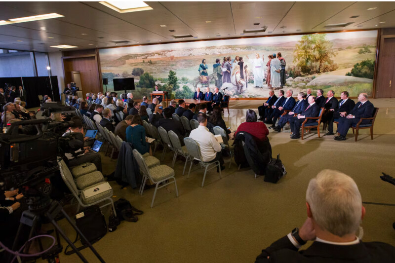 Media and family members gather as The Church of Jesus Christ of Latter-day Saints introduces its new First Presidency from the Church Office Building in Salt Lake City on Tuesday, Jan. 16, 2018.