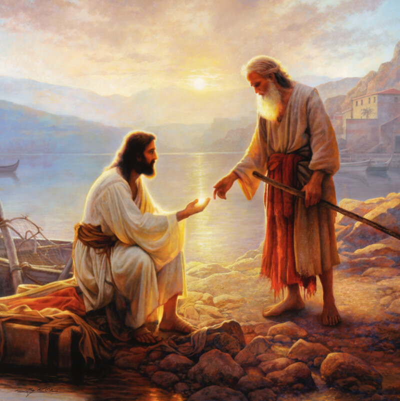 Una pintura de Jesucristo bendiciendo a un anciano en una playa.