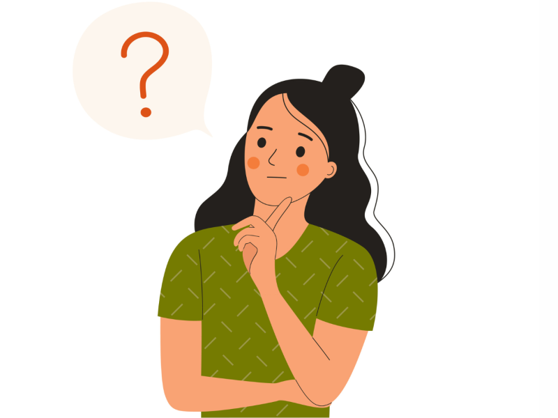 A graphic of a woman thinking next to a question-mark bubble
