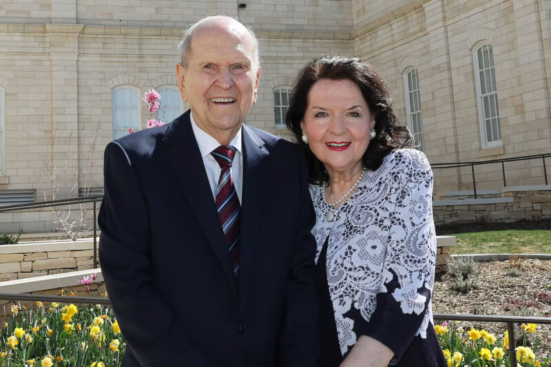 President Russell M. Nelson of The Church of Jesus Christ of Latter-day Saints and Sister Wendy W. Nelson smile prior to the rededication of the Manti Utah Temple in Manti, Utah, on Sunday, April 21, 2024.