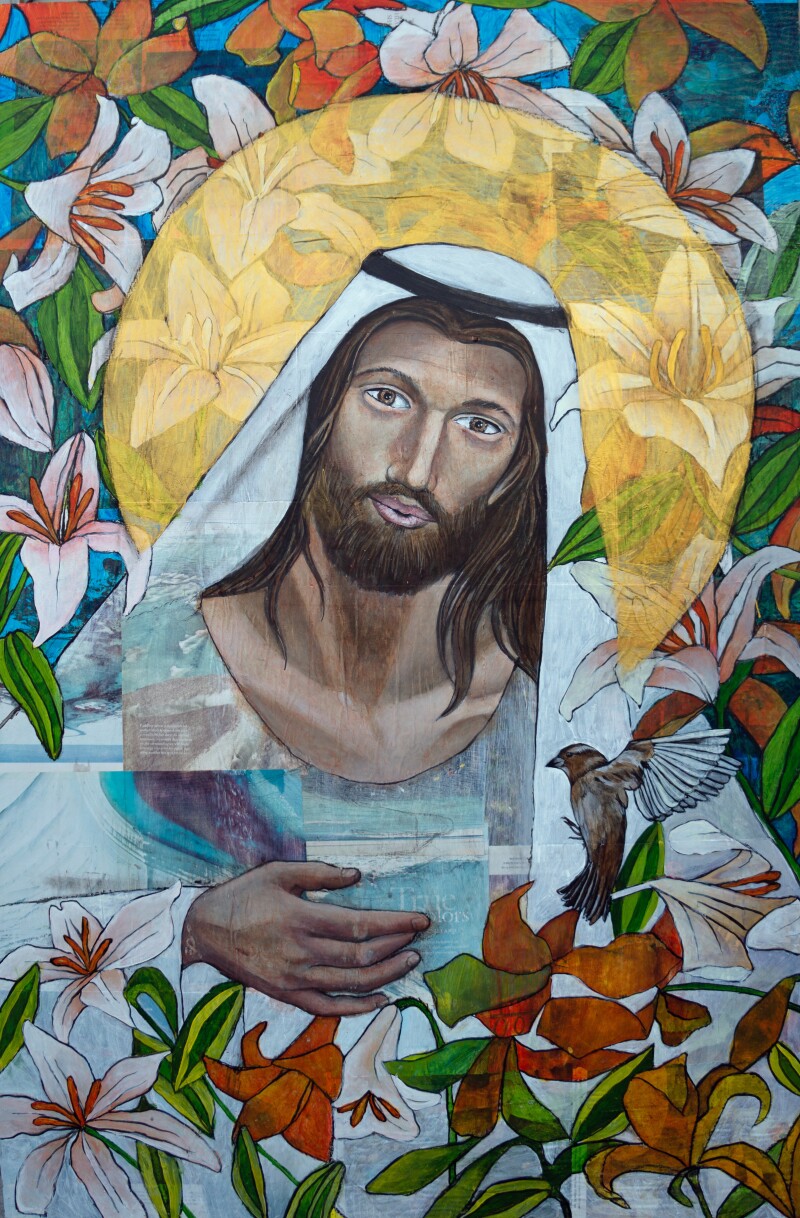 A collage painting of Christ whistling to a sparrow surrounded by lilies.