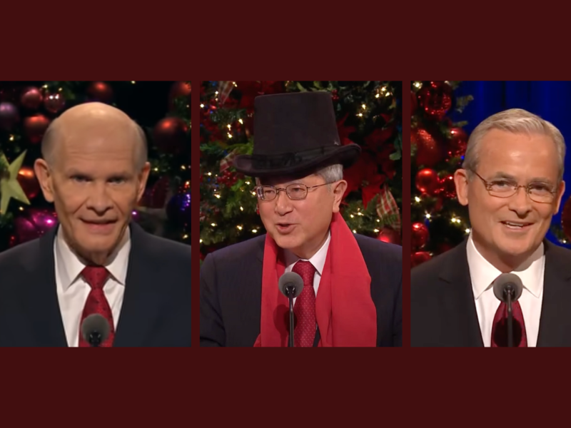 Screenshots from Elder Dale G. Renlund, Elder Gerrit W. Gong, and Elder Patrick Kearon speaking at First Presidency Christmas Devotionals for The Church of Jesus Christ of Latter-day Saints.