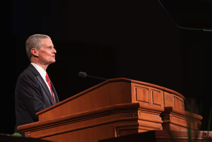 Elder David A. Bednar of the Quorum of the Twelve Apostles speaks during a worldwide devotional for young adults held at Brigham Young University–Idaho on Sunday, November 3, 2024.
