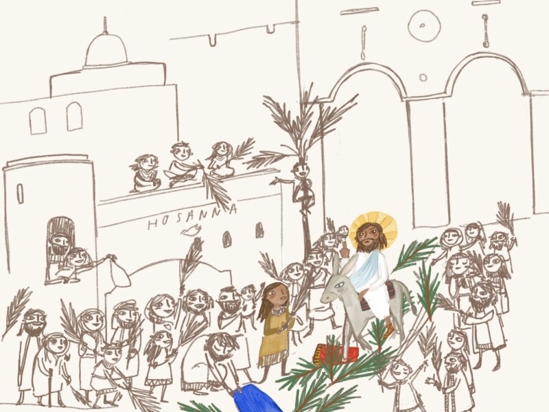 A drawing of a crowd welcoming Jesus on Palm Sunday