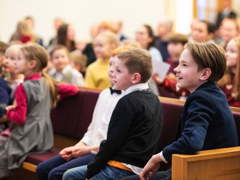 Primary children at Riga Chapel in Riga, Latvia, on March 7, 2023.