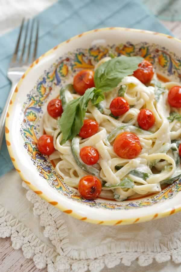 Zucchini Ribbons and Pasta with Creamy Lemon-Basil Sauce