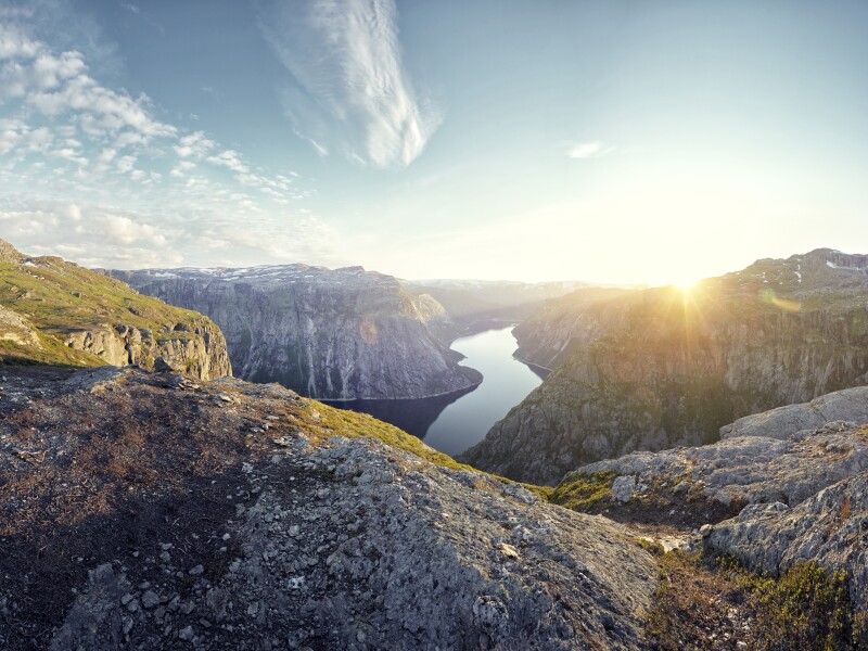Mountainous landscape and fjord at sunset, Norway
