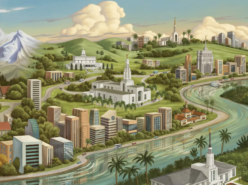 An illustration of temples across the word, including temples in Accra, Ghana; Hong Kong; Mexico City; Nuku’alofa, Tonga; and São Paulo, Brazil.