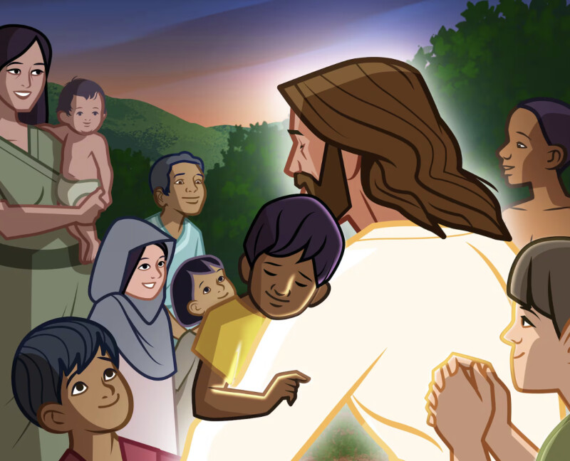 Jesus Christ blesses little children in this image from 3 Nephi in the illustrated “Book of Mormon Stories.”