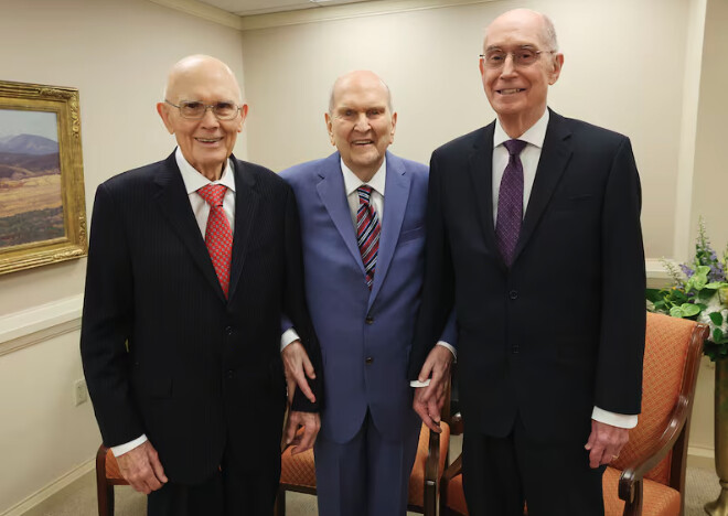President Russell M. Nelson of The Church of Jesus Christ of Latter-day Saints and his counselors, President Dallin H. Oaks, first counselor in the First Presidency, and President Henry B. Eyring, second counselor in the First Presidency, pose during his 100th birthday celebration at the Little Theatre of the Conference Center in Salt Lake City on Monday, September 9, 2024.