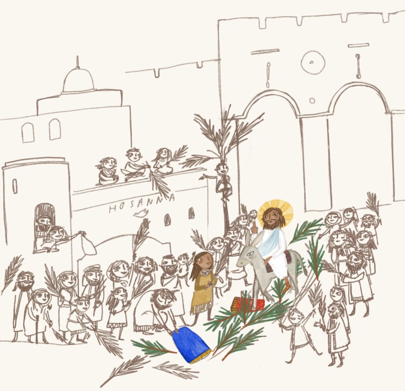 A drawing of a crowd welcoming Jesus on Palm Sunday