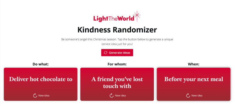 The Light the World Kindness Randomizer encouraging someone to deliver hot chocolate to a friend they've lost touch with before their next meal.