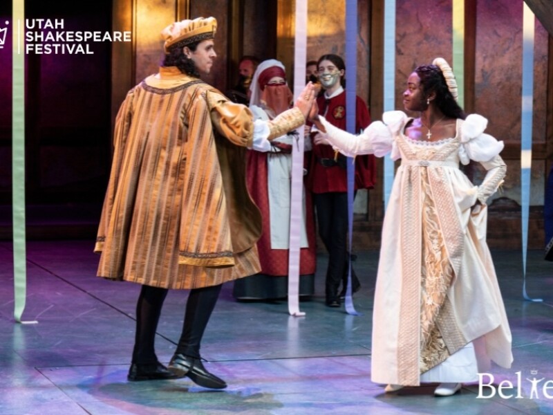Branded Production Photos - Marco Antonio Vega (left) as Paris, Alex Keiper as Nurse, Max Gallagher as Peter, Naiya Vanessa McCalla as Juliet, and Evelyn Carol Case as Escalus, with others, in the Utah Shakespeare Festival’s production of Romeo and Juliet.